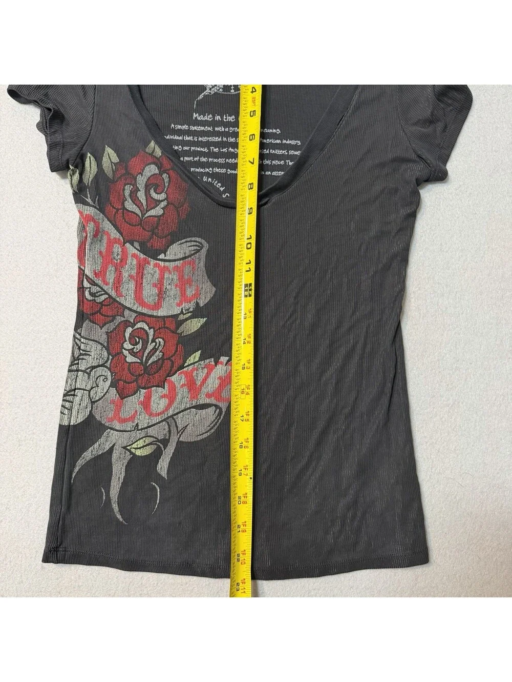 Vintage Y2K Blue Tattoo Made in USA Scoop Neck Tee Charcoal Rose True Love Top